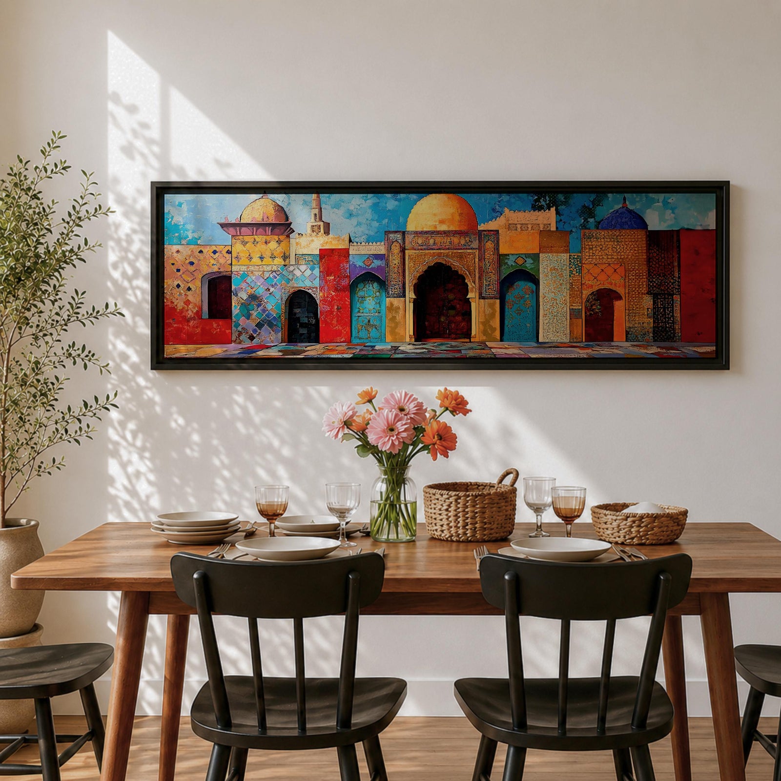 Panoramic painting of colorful Islamic architecture featuring ornate Moroccan and Moorish arches, tiled walls, and domed rooftops arranged in a vibrant row. Intricate geometric patterns and mosaic textures in reds, blues, and golds decorate the buildings beneath a bright sky across the wide composition.