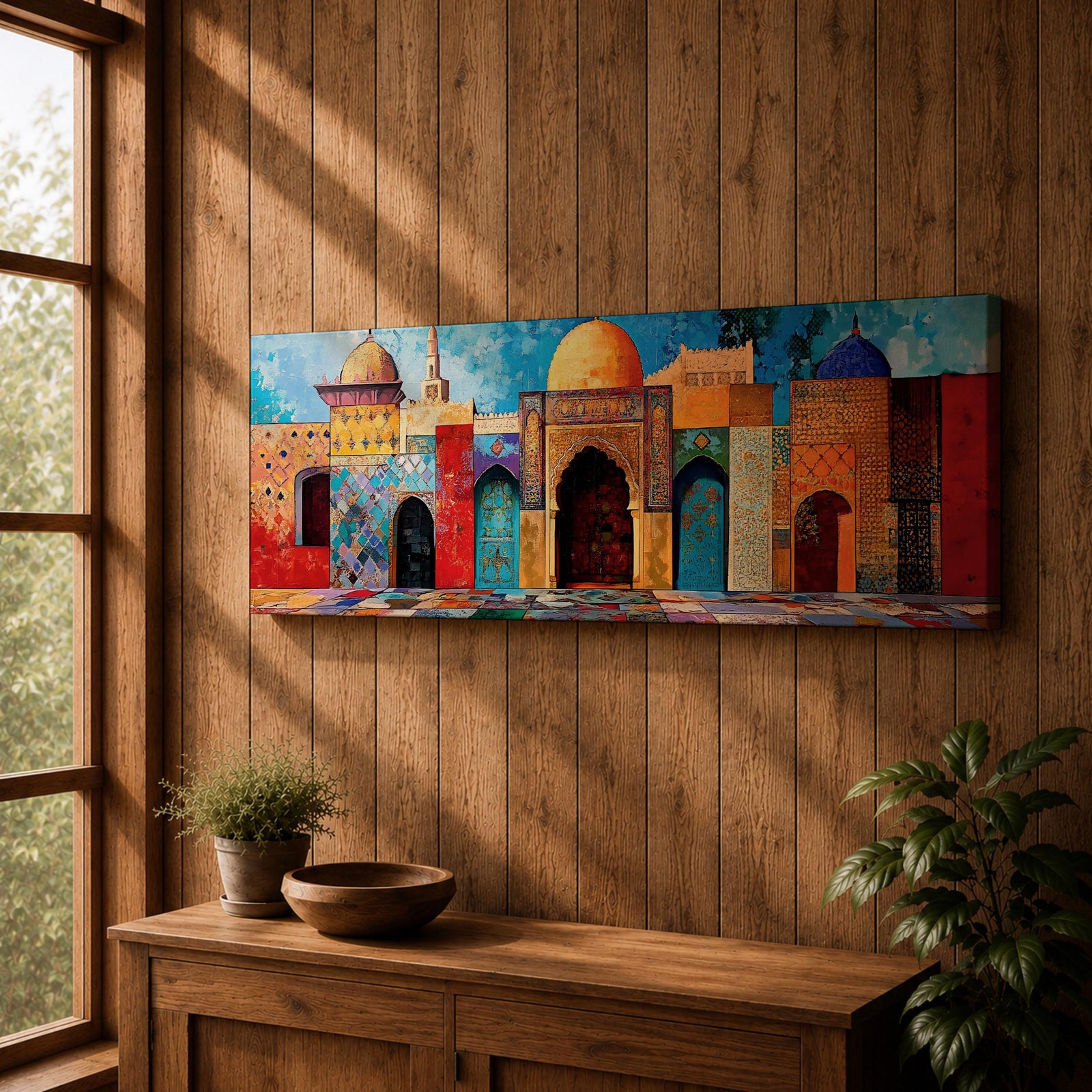 Panoramic painting of colorful Islamic architecture featuring ornate Moroccan and Moorish arches, tiled walls, and domed rooftops arranged in a vibrant row. Intricate geometric patterns and mosaic textures in reds, blues, and golds decorate the buildings beneath a bright sky across the wide composition.