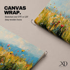 Panoramic wildflower meadow painting featuring tall golden grasses mixed with scattered red, yellow, and blue flowers swaying across an open field. Loose textured brushstrokes create depth through the meadow while a soft blue sky and distant horizon stretch across the wide landscape composition.