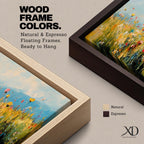 Panoramic wildflower meadow painting featuring tall golden grasses mixed with scattered red, yellow, and blue flowers swaying across an open field. Loose textured brushstrokes create depth through the meadow while a soft blue sky and distant horizon stretch across the wide landscape composition.