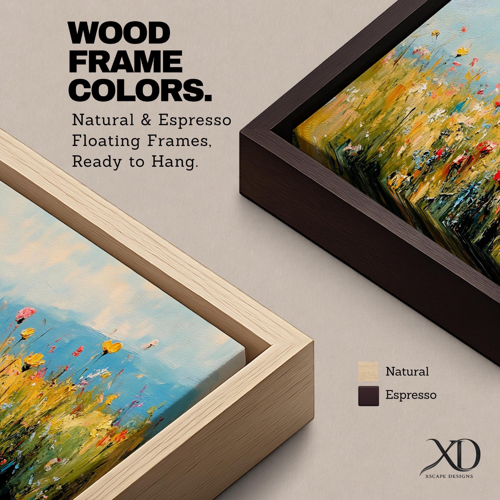Panoramic wildflower meadow painting featuring tall golden grasses mixed with scattered red, yellow, and blue flowers swaying across an open field. Loose textured brushstrokes create depth through the meadow while a soft blue sky and distant horizon stretch across the wide landscape composition.
