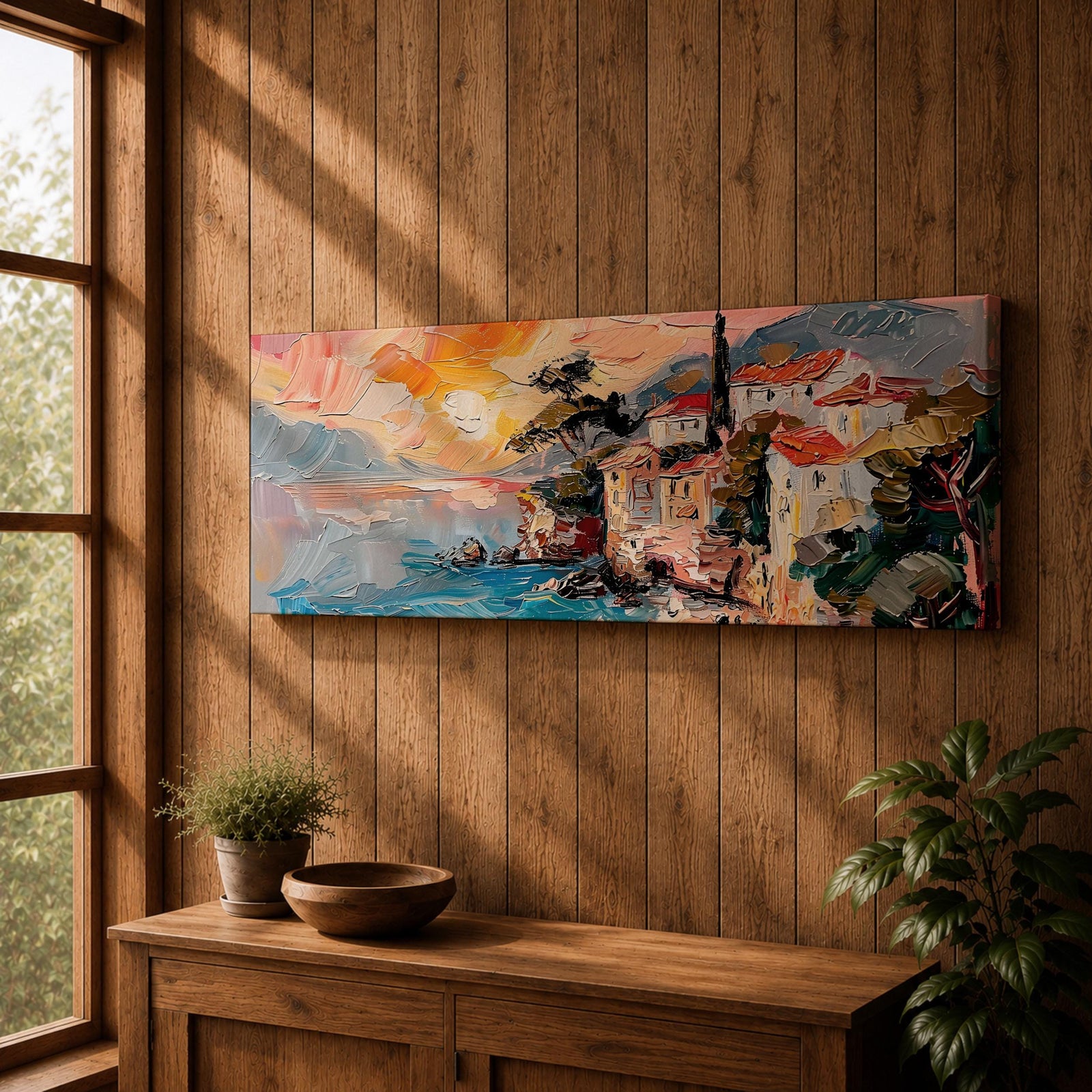 Panoramic oil style painting of the Amalfi Coast showing seaside houses with red roofs perched on rocky cliffs above turquoise water. Expressive brushstrokes depict a small harbor, boats near the shore, distant mountains, and a warm glowing sky spreading across the wide Mediterranean landscape.