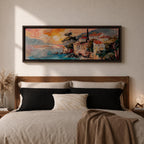 Panoramic oil style painting of the Amalfi Coast showing seaside houses with red roofs perched on rocky cliffs above turquoise water. Expressive brushstrokes depict a small harbor, boats near the shore, distant mountains, and a warm glowing sky spreading across the wide Mediterranean landscape.