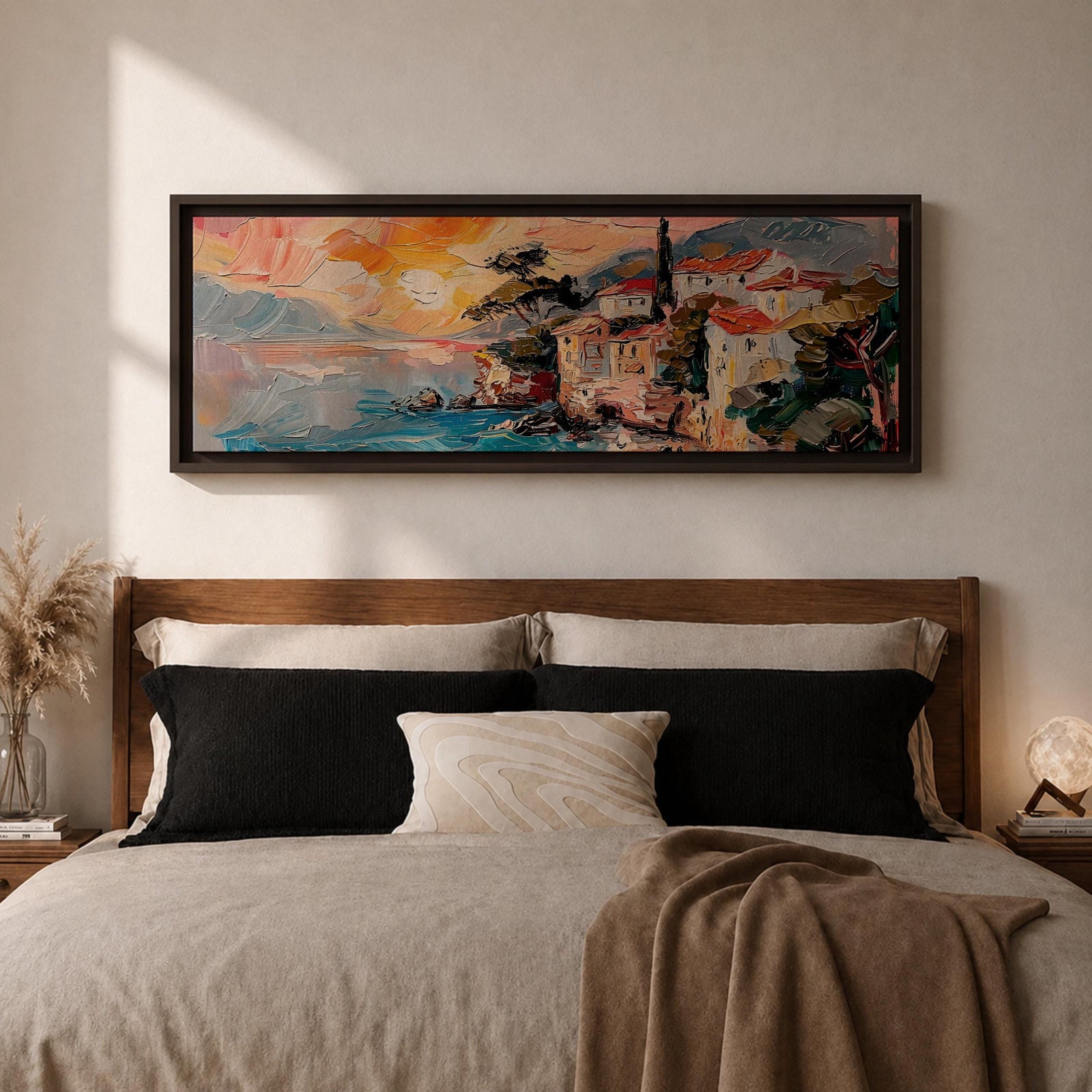 Panoramic oil style painting of the Amalfi Coast showing seaside houses with red roofs perched on rocky cliffs above turquoise water. Expressive brushstrokes depict a small harbor, boats near the shore, distant mountains, and a warm glowing sky spreading across the wide Mediterranean landscape.