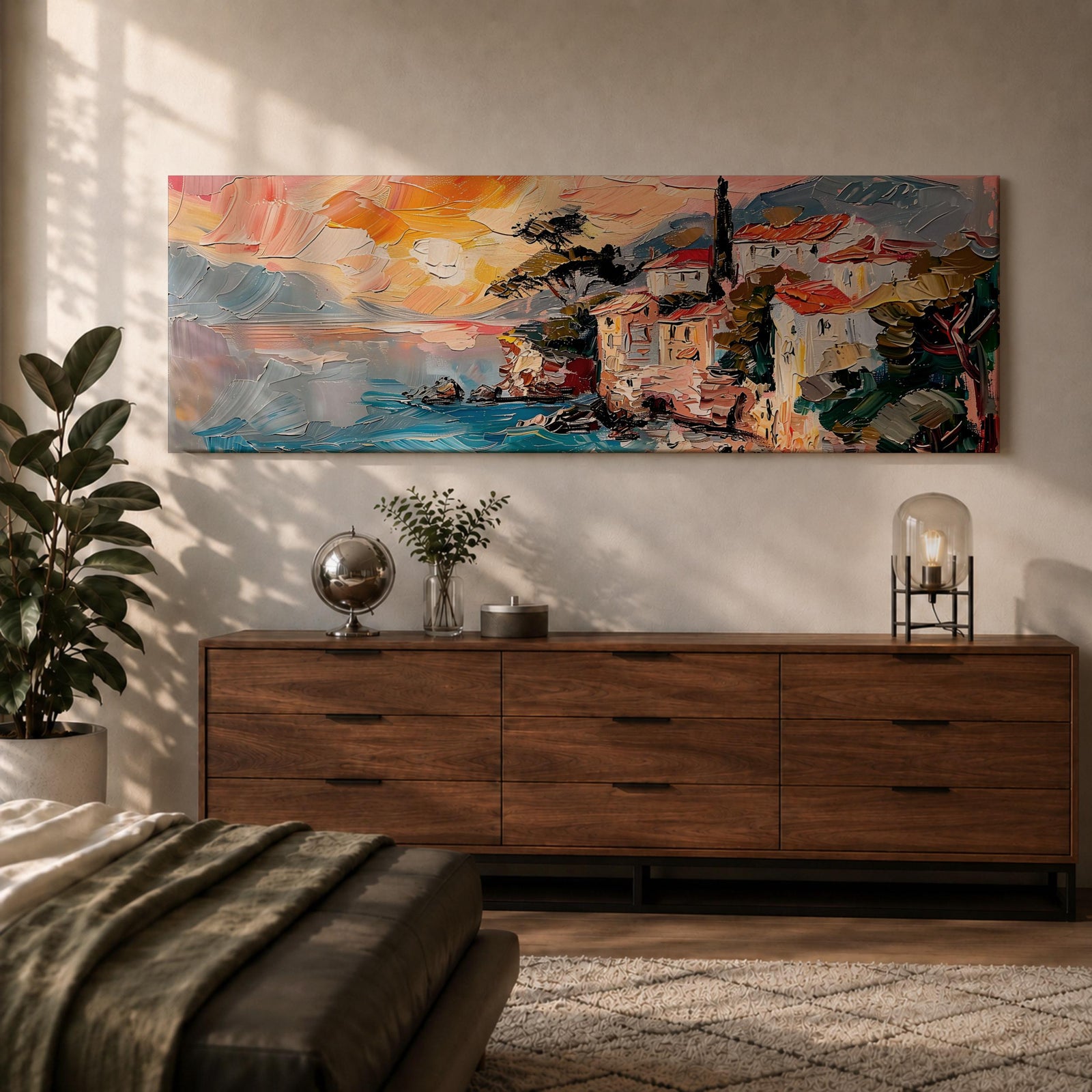 Panoramic oil style painting of the Amalfi Coast showing seaside houses with red roofs perched on rocky cliffs above turquoise water. Expressive brushstrokes depict a small harbor, boats near the shore, distant mountains, and a warm glowing sky spreading across the wide Mediterranean landscape.
