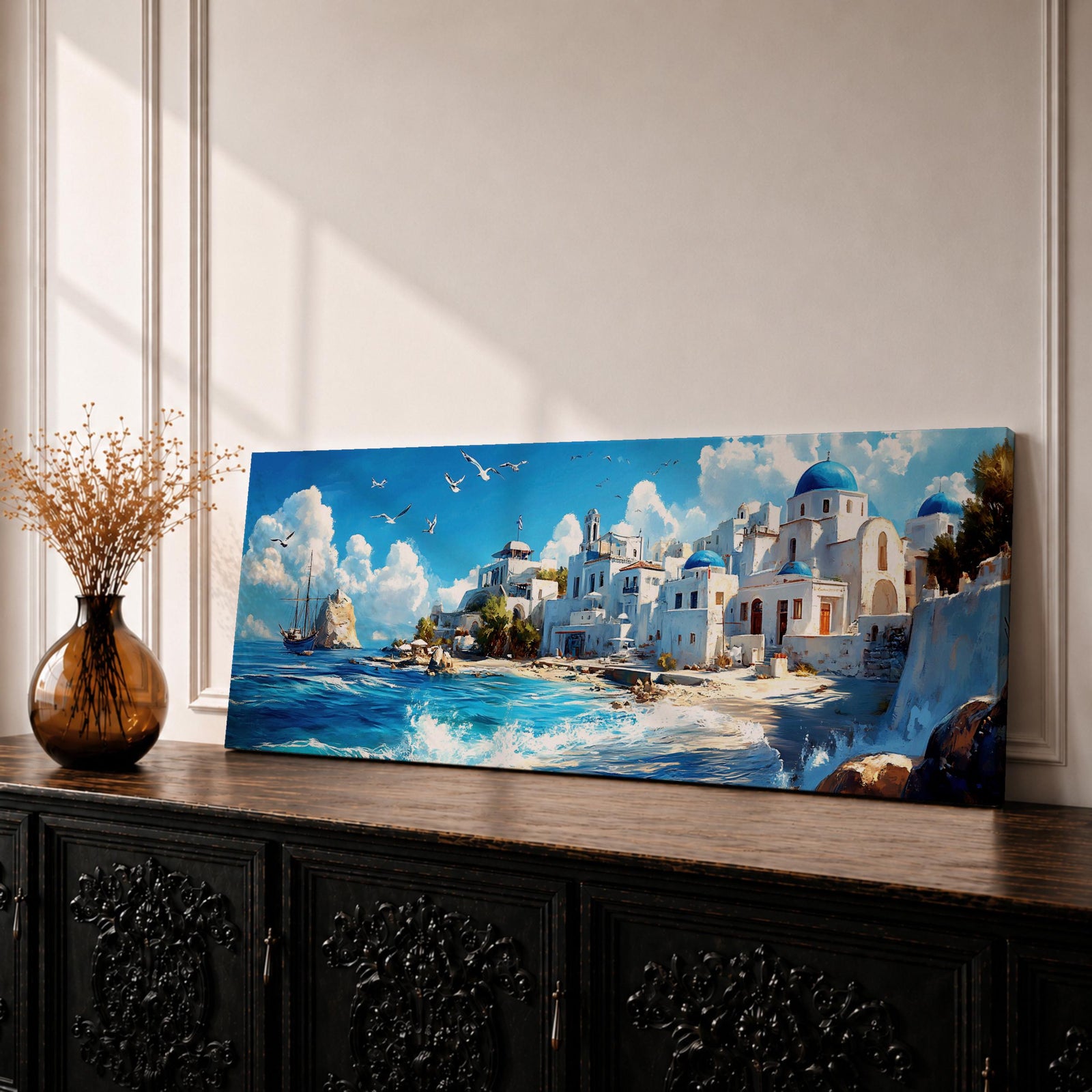 Panoramic oil painting of Santorini featuring whitewashed buildings with blue domes along a rocky shoreline beside bright turquoise water. Seagulls fly above the Aegean Sea while a sailing boat drifts near the coast and waves break along the beach beneath a sky filled with soft clouds.