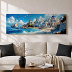 Panoramic oil painting of Santorini featuring whitewashed buildings with blue domes along a rocky shoreline beside bright turquoise water. Seagulls fly above the Aegean Sea while a sailing boat drifts near the coast and waves break along the beach beneath a sky filled with soft clouds.