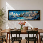 Panoramic oil painting of Santorini featuring whitewashed buildings with blue domes along a rocky shoreline beside bright turquoise water. Seagulls fly above the Aegean Sea while a sailing boat drifts near the coast and waves break along the beach beneath a sky filled with soft clouds.