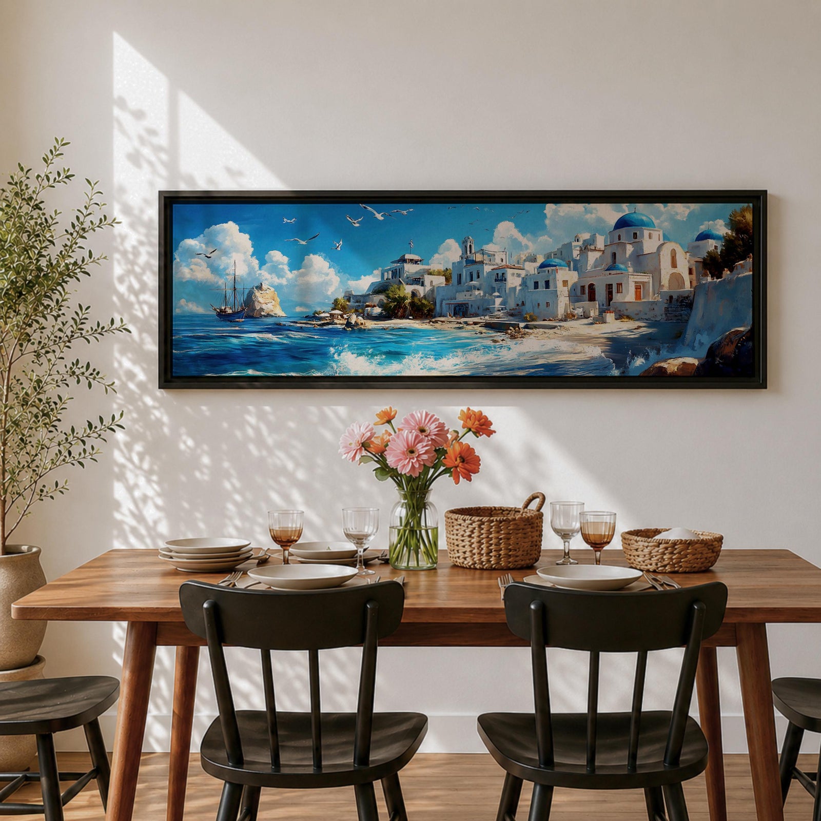 Panoramic oil painting of Santorini featuring whitewashed buildings with blue domes along a rocky shoreline beside bright turquoise water. Seagulls fly above the Aegean Sea while a sailing boat drifts near the coast and waves break along the beach beneath a sky filled with soft clouds.