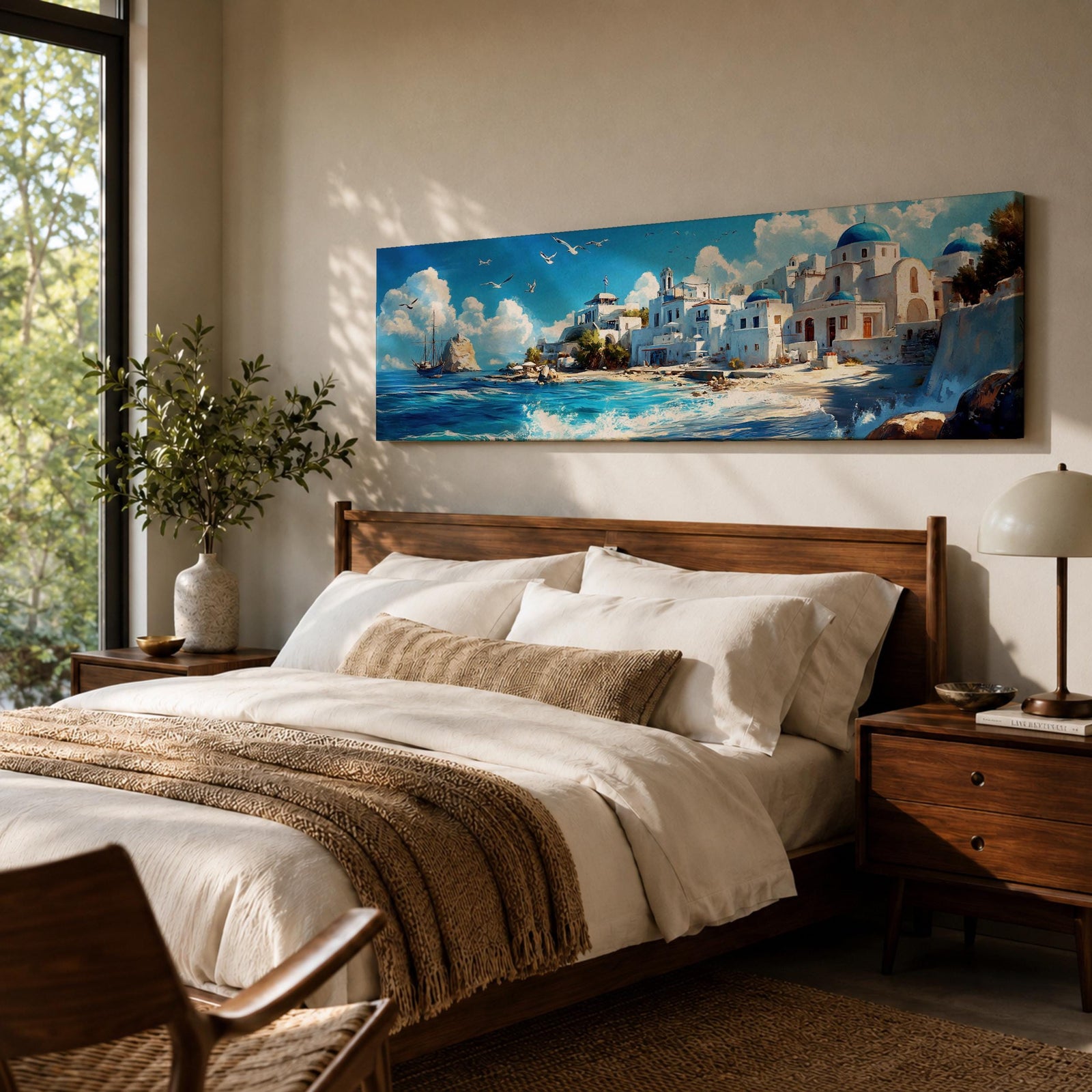 Panoramic oil painting of Santorini featuring whitewashed buildings with blue domes along a rocky shoreline beside bright turquoise water. Seagulls fly above the Aegean Sea while a sailing boat drifts near the coast and waves break along the beach beneath a sky filled with soft clouds.