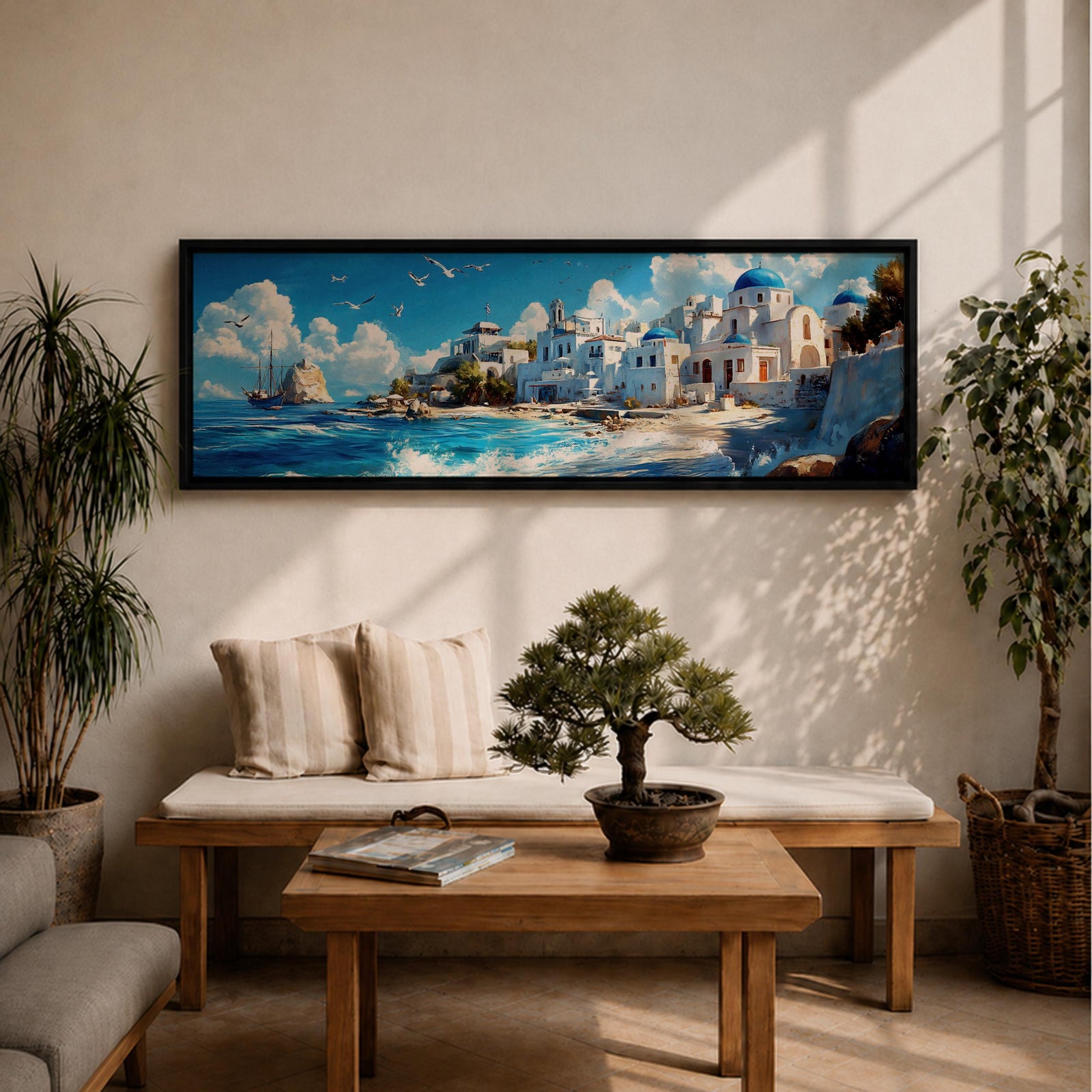 Panoramic oil painting of Santorini featuring whitewashed buildings with blue domes along a rocky shoreline beside bright turquoise water. Seagulls fly above the Aegean Sea while a sailing boat drifts near the coast and waves break along the beach beneath a sky filled with soft clouds.
