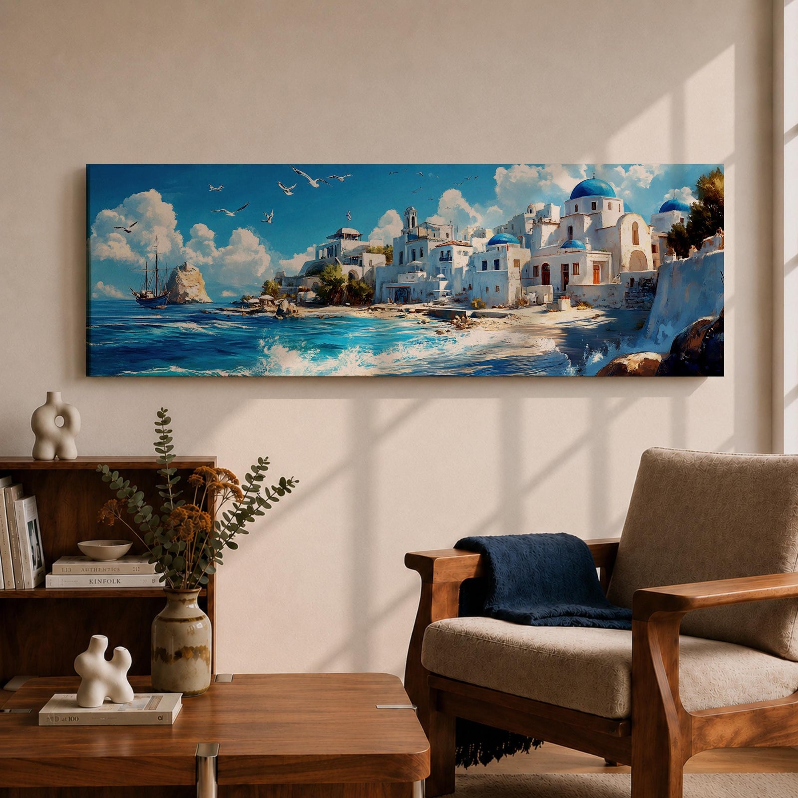 Panoramic oil painting of Santorini featuring whitewashed buildings with blue domes along a rocky shoreline beside bright turquoise water. Seagulls fly above the Aegean Sea while a sailing boat drifts near the coast and waves break along the beach beneath a sky filled with soft clouds.