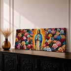 Panoramic painting of the Virgin Mary inspired by Our Lady of Guadalupe standing in prayer with radiant golden rays behind her. The central figure is surrounded by dense colorful roses and floral patterns forming a vibrant symmetrical composition across the wide canvas.