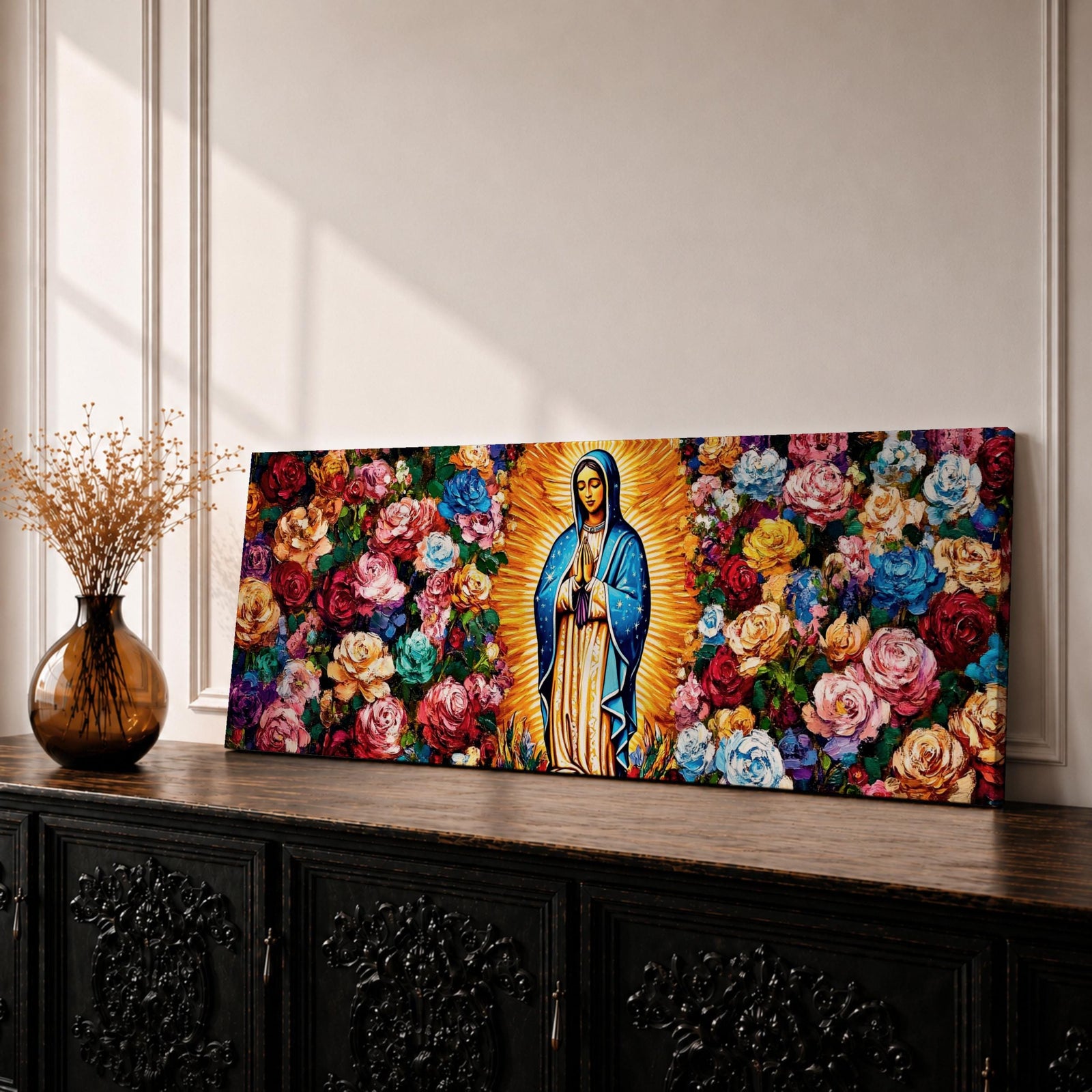 Panoramic painting of the Virgin Mary inspired by Our Lady of Guadalupe standing in prayer with radiant golden rays behind her. The central figure is surrounded by dense colorful roses and floral patterns forming a vibrant symmetrical composition across the wide canvas.