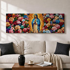 Panoramic painting of the Virgin Mary inspired by Our Lady of Guadalupe standing in prayer with radiant golden rays behind her. The central figure is surrounded by dense colorful roses and floral patterns forming a vibrant symmetrical composition across the wide canvas.