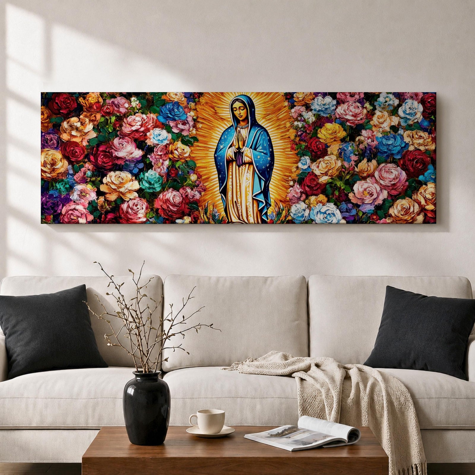 Panoramic painting of the Virgin Mary inspired by Our Lady of Guadalupe standing in prayer with radiant golden rays behind her. The central figure is surrounded by dense colorful roses and floral patterns forming a vibrant symmetrical composition across the wide canvas.