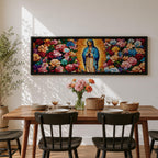 Panoramic painting of the Virgin Mary inspired by Our Lady of Guadalupe standing in prayer with radiant golden rays behind her. The central figure is surrounded by dense colorful roses and floral patterns forming a vibrant symmetrical composition across the wide canvas.