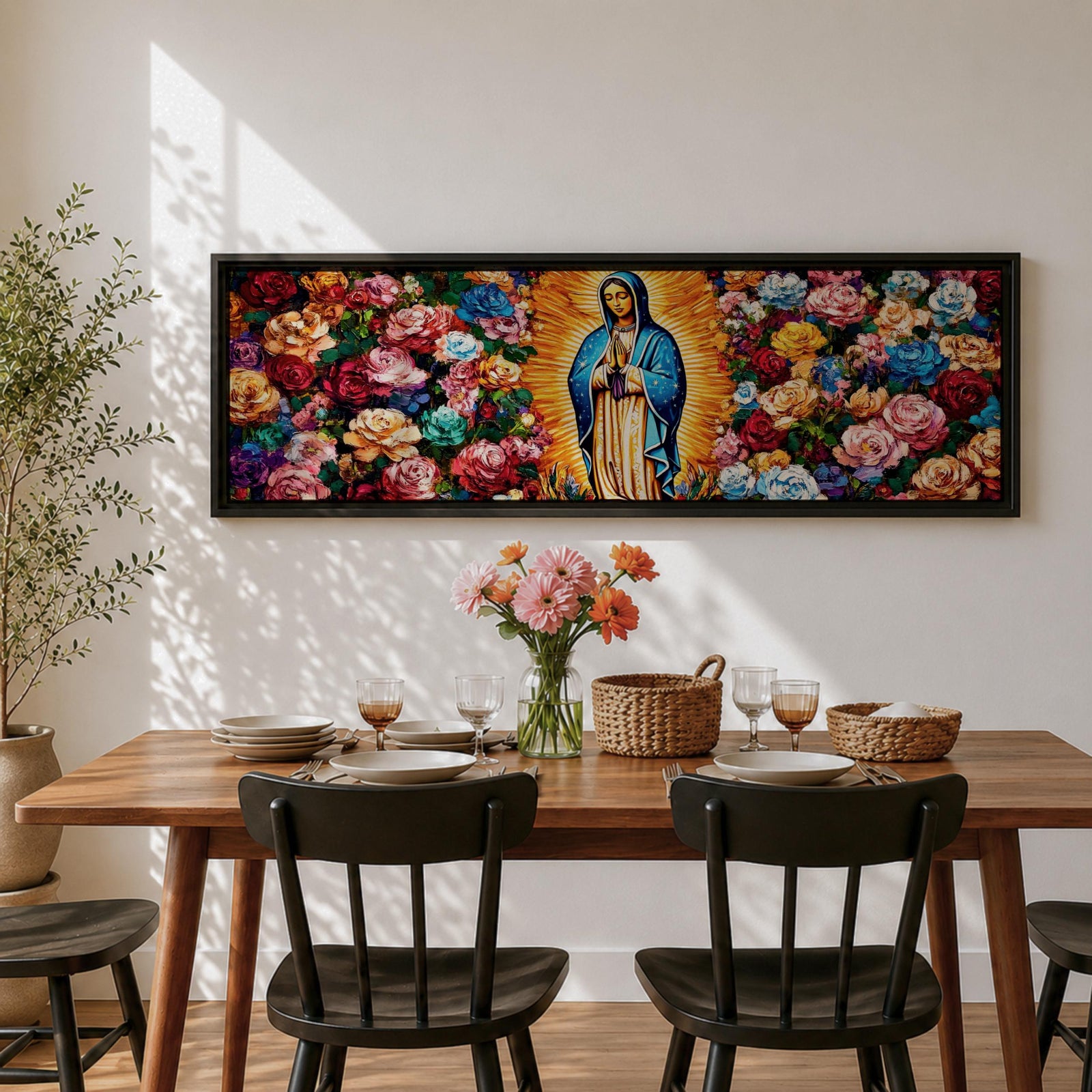 Panoramic painting of the Virgin Mary inspired by Our Lady of Guadalupe standing in prayer with radiant golden rays behind her. The central figure is surrounded by dense colorful roses and floral patterns forming a vibrant symmetrical composition across the wide canvas.