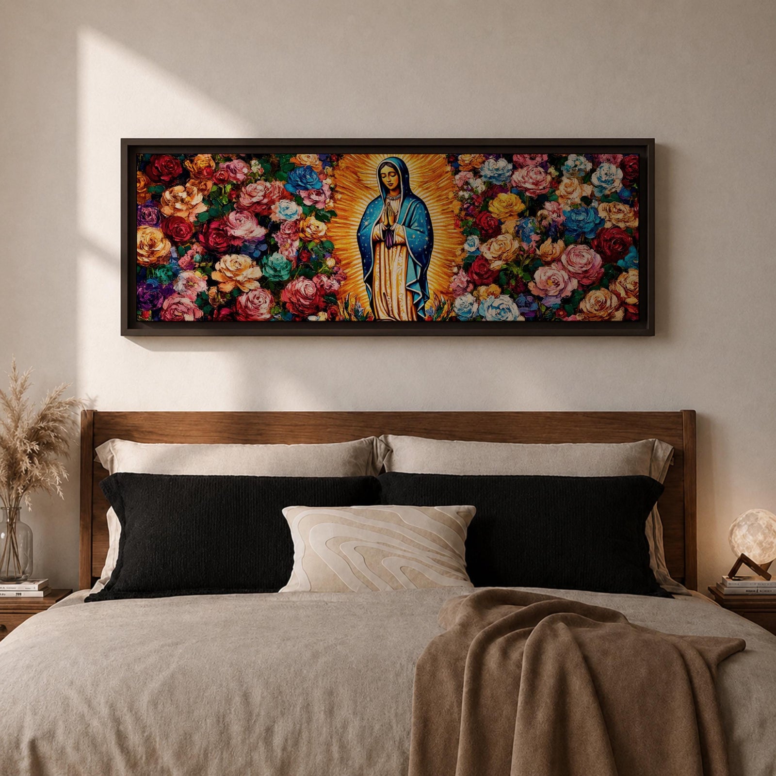 Panoramic painting of the Virgin Mary inspired by Our Lady of Guadalupe standing in prayer with radiant golden rays behind her. The central figure is surrounded by dense colorful roses and floral patterns forming a vibrant symmetrical composition across the wide canvas.