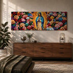 Panoramic painting of the Virgin Mary inspired by Our Lady of Guadalupe standing in prayer with radiant golden rays behind her. The central figure is surrounded by dense colorful roses and floral patterns forming a vibrant symmetrical composition across the wide canvas.