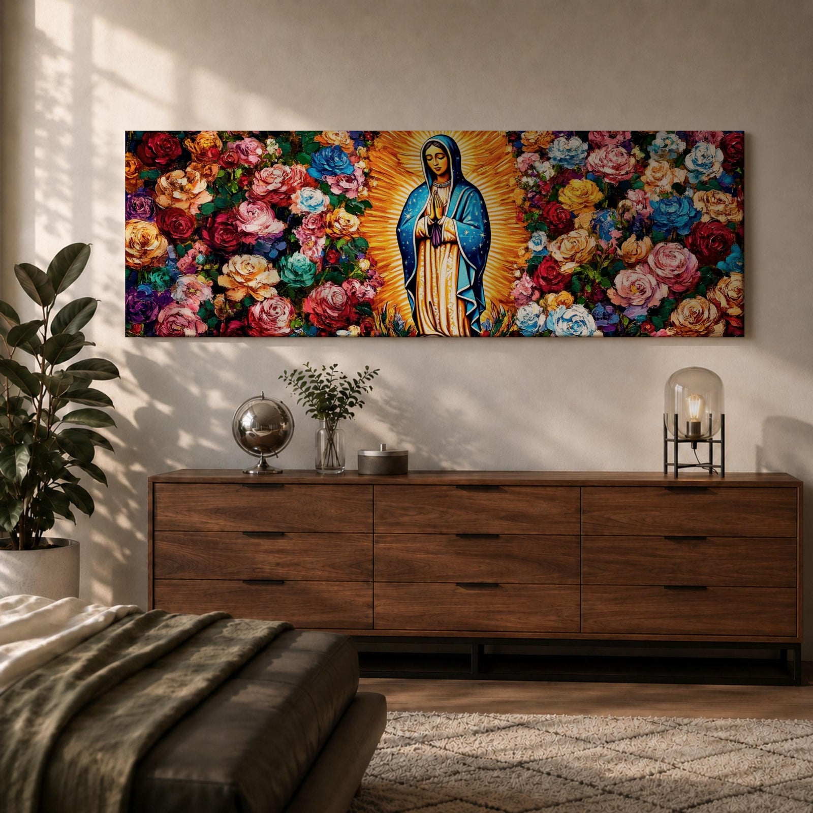 Panoramic painting of the Virgin Mary inspired by Our Lady of Guadalupe standing in prayer with radiant golden rays behind her. The central figure is surrounded by dense colorful roses and floral patterns forming a vibrant symmetrical composition across the wide canvas.