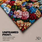 Panoramic painting of the Virgin Mary inspired by Our Lady of Guadalupe standing in prayer with radiant golden rays behind her. The central figure is surrounded by dense colorful roses and floral patterns forming a vibrant symmetrical composition across the wide canvas.