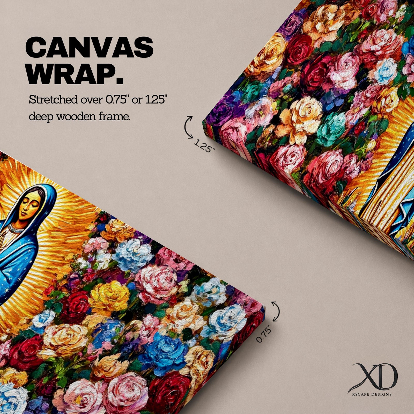 Panoramic painting of the Virgin Mary inspired by Our Lady of Guadalupe standing in prayer with radiant golden rays behind her. The central figure is surrounded by dense colorful roses and floral patterns forming a vibrant symmetrical composition across the wide canvas.