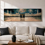 Panoramic painting of the Kaaba at Masjid Al Haram in Makkah surrounded by grand mosque arches and tall minarets. The sacred black cube stands centered within the wide courtyard reflecting on polished stone while dramatic clouds gather above the holy sanctuary skyline.
