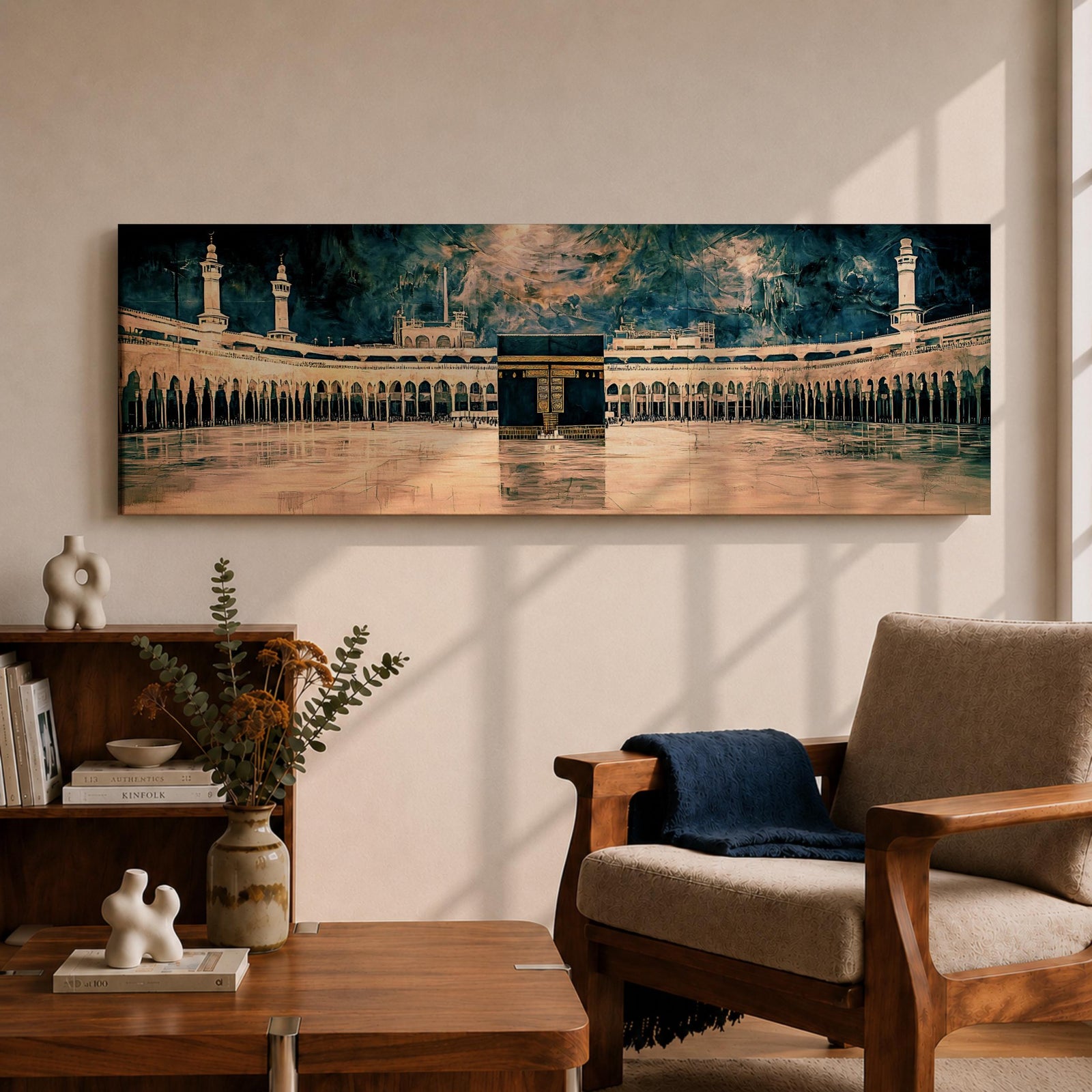 Panoramic painting of the Kaaba at Masjid Al Haram in Makkah surrounded by grand mosque arches and tall minarets. The sacred black cube stands centered within the wide courtyard reflecting on polished stone while dramatic clouds gather above the holy sanctuary skyline.