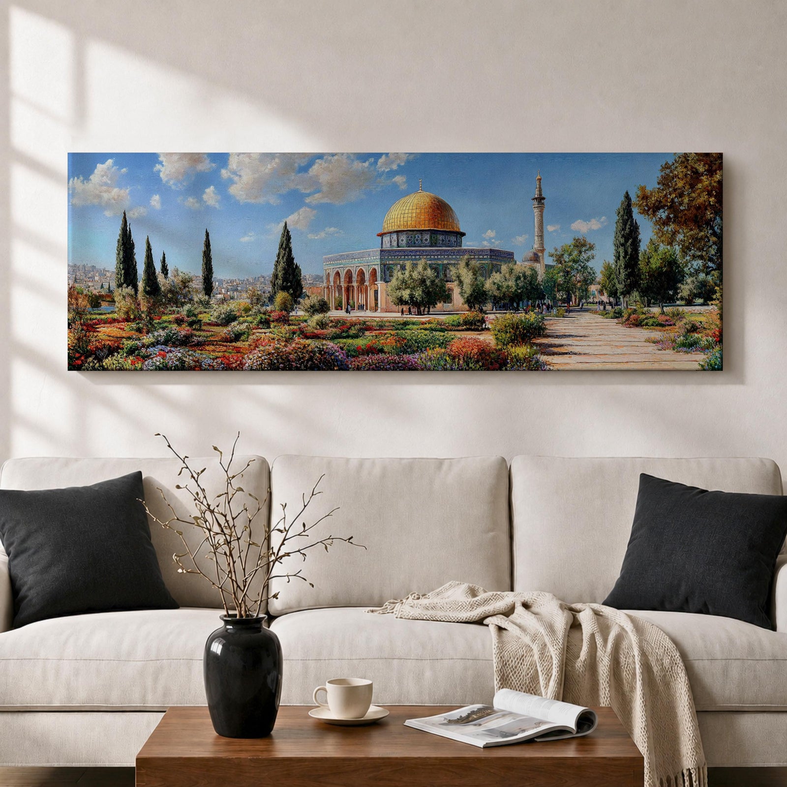 Panoramic painting of Masjid Al Aqsa and the Dome of the Rock with the golden dome rising above gardens and stone walkways. Cypress trees and colorful flowerbeds frame the historic Islamic sanctuary while Jerusalem spreads across the horizon beneath a bright sky.