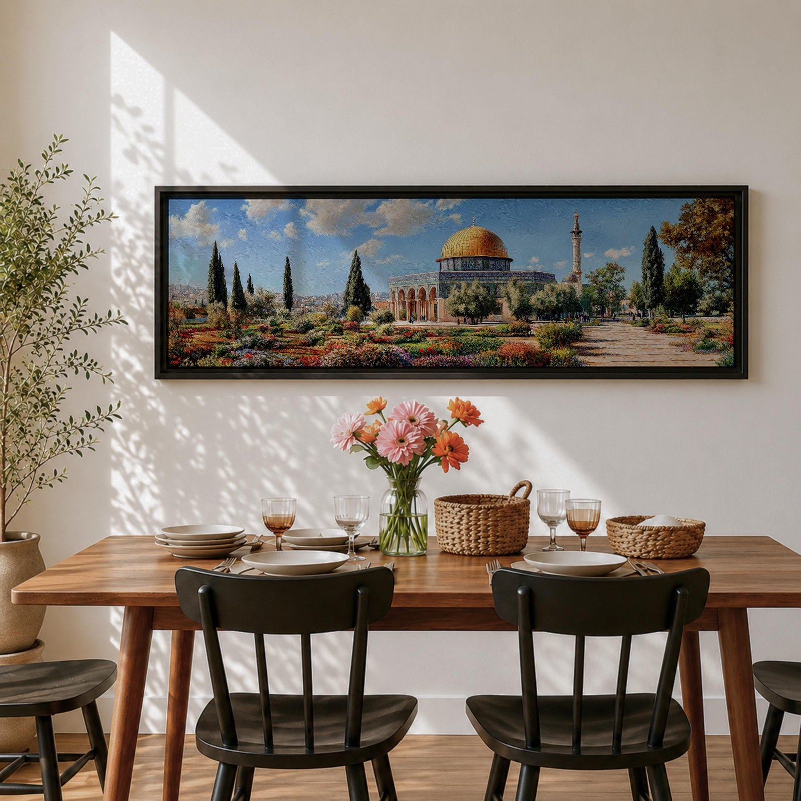 Panoramic painting of Masjid Al Aqsa and the Dome of the Rock with the golden dome rising above gardens and stone walkways. Cypress trees and colorful flowerbeds frame the historic Islamic sanctuary while Jerusalem spreads across the horizon beneath a bright sky.