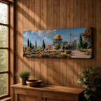 Panoramic painting of Masjid Al Aqsa and the Dome of the Rock with the golden dome rising above gardens and stone walkways. Cypress trees and colorful flowerbeds frame the historic Islamic sanctuary while Jerusalem spreads across the horizon beneath a bright sky.