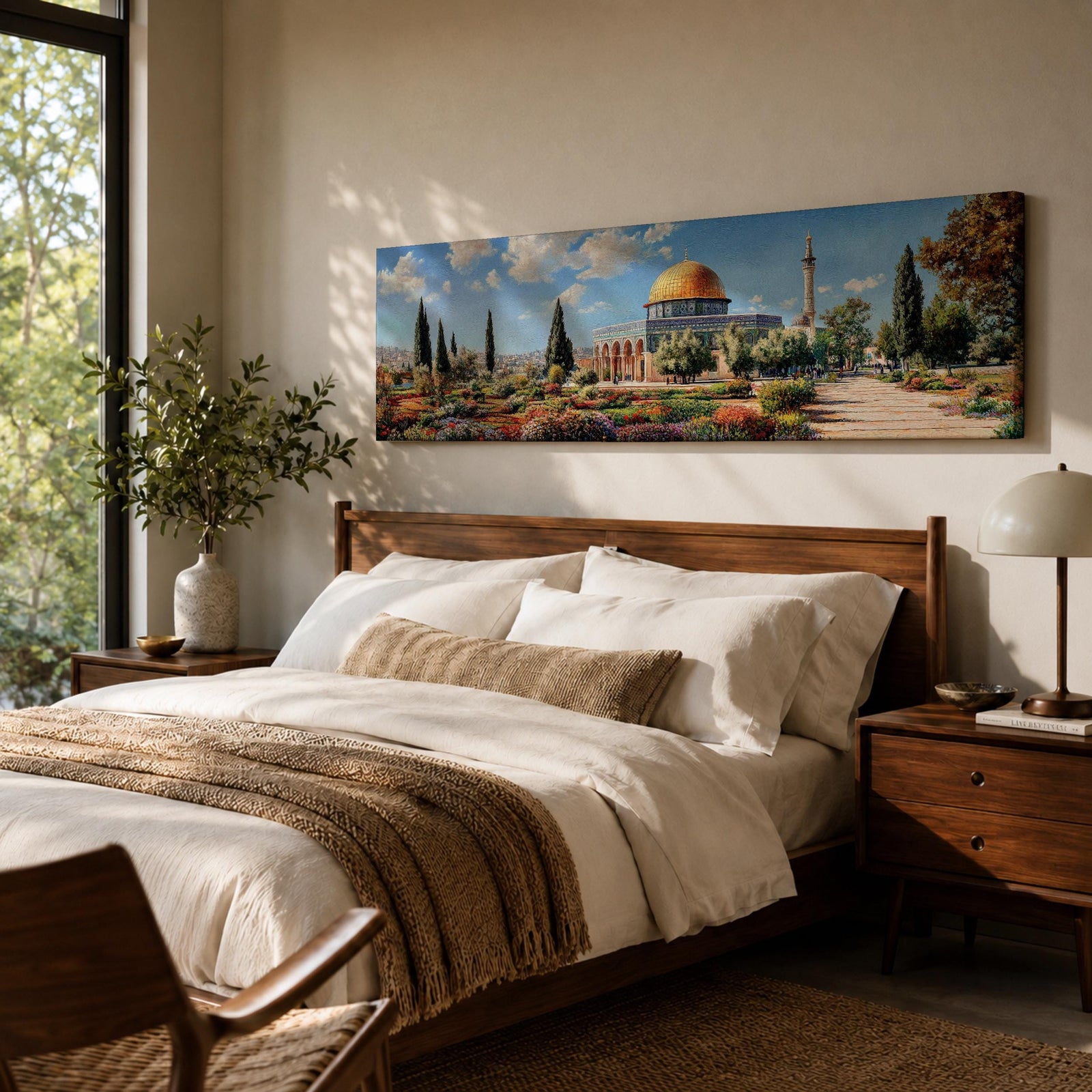 Panoramic painting of Masjid Al Aqsa and the Dome of the Rock with the golden dome rising above gardens and stone walkways. Cypress trees and colorful flowerbeds frame the historic Islamic sanctuary while Jerusalem spreads across the horizon beneath a bright sky.
