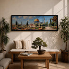Panoramic painting of Masjid Al Aqsa and the Dome of the Rock with the golden dome rising above gardens and stone walkways. Cypress trees and colorful flowerbeds frame the historic Islamic sanctuary while Jerusalem spreads across the horizon beneath a bright sky.