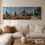 Panoramic painting of Masjid Al Aqsa and the Dome of the Rock with the golden dome rising above gardens and stone walkways. Cypress trees and colorful flowerbeds frame the historic Islamic sanctuary while Jerusalem spreads across the horizon beneath a bright sky.