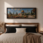 Panoramic painting of Masjid Al Aqsa and the Dome of the Rock with the golden dome rising above gardens and stone walkways. Cypress trees and colorful flowerbeds frame the historic Islamic sanctuary while Jerusalem spreads across the horizon beneath a bright sky.