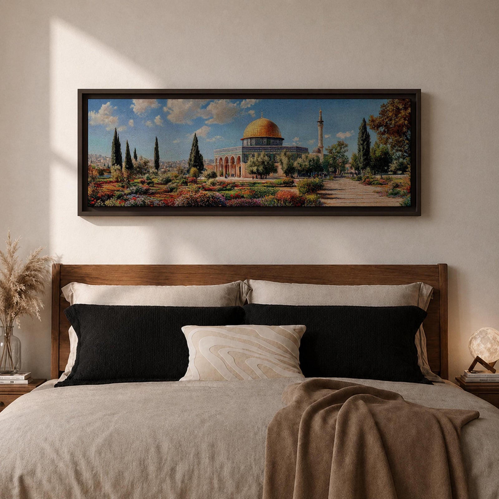 Panoramic painting of Masjid Al Aqsa and the Dome of the Rock with the golden dome rising above gardens and stone walkways. Cypress trees and colorful flowerbeds frame the historic Islamic sanctuary while Jerusalem spreads across the horizon beneath a bright sky.