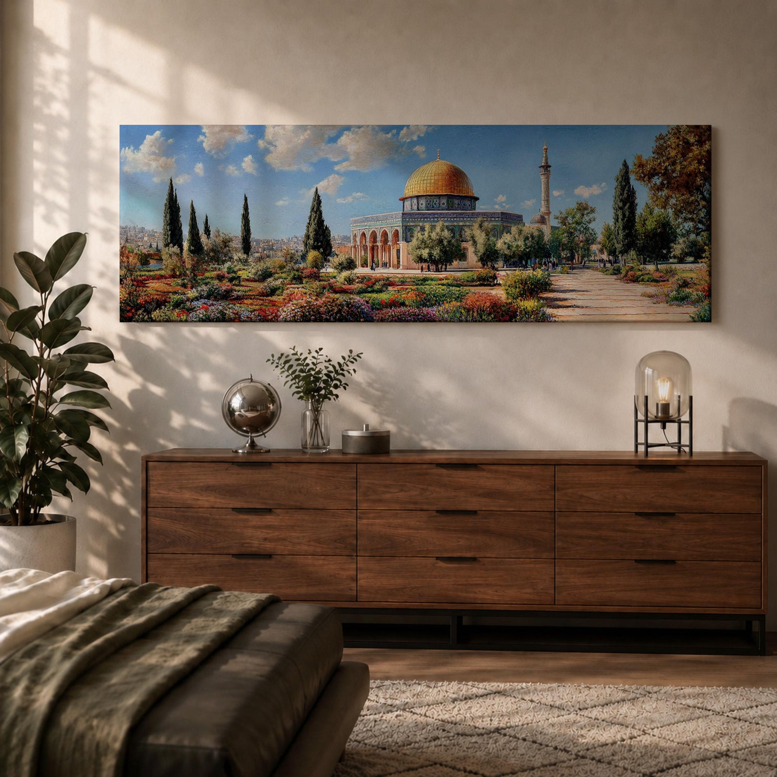 Panoramic painting of Masjid Al Aqsa and the Dome of the Rock with the golden dome rising above gardens and stone walkways. Cypress trees and colorful flowerbeds frame the historic Islamic sanctuary while Jerusalem spreads across the horizon beneath a bright sky.