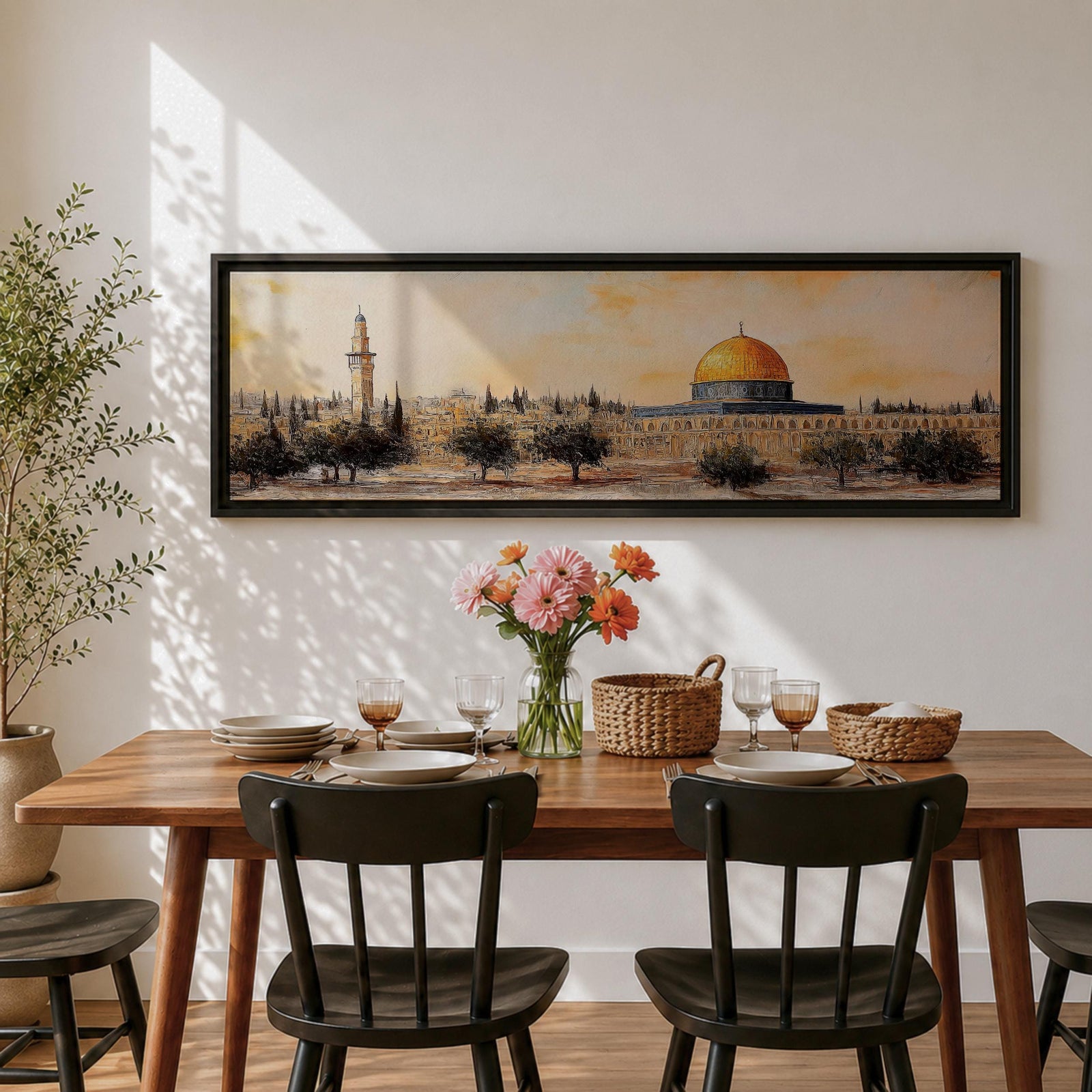 Panoramic painting of the Dome of the Rock in Jerusalem with its iconic golden dome rising above surrounding mosque structures, arches, and a tall minaret. The composition stretches horizontally with textured brushwork in warm sand, gold, and earthy tones, depicting the mosque complex and trees in a loose impressionistic architectural landscape style.