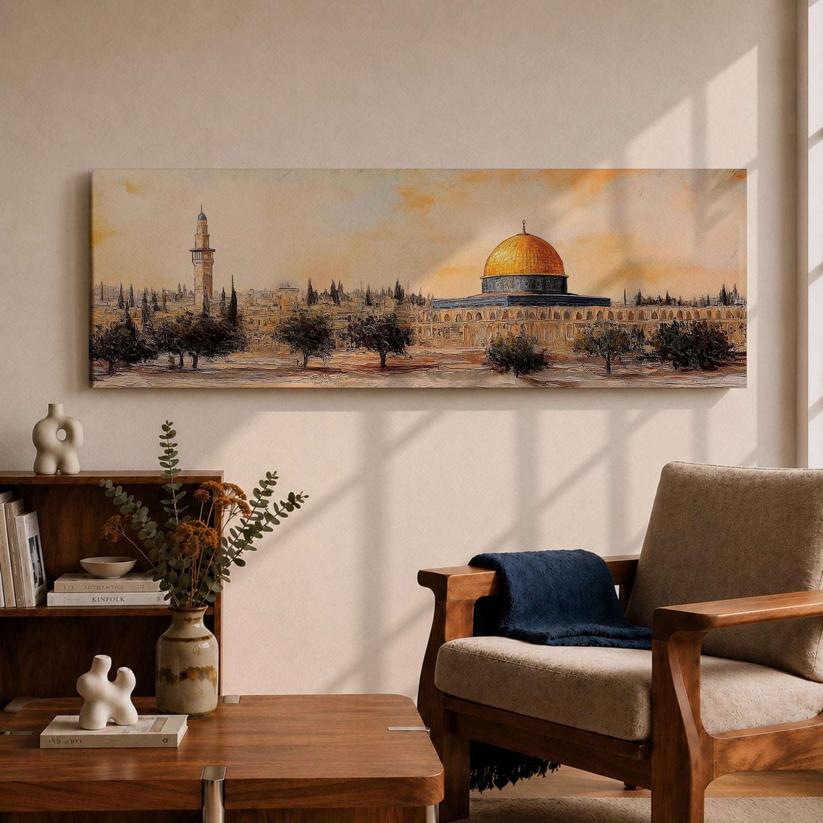 Panoramic painting of the Dome of the Rock in Jerusalem with its iconic golden dome rising above surrounding mosque structures, arches, and a tall minaret. The composition stretches horizontally with textured brushwork in warm sand, gold, and earthy tones, depicting the mosque complex and trees in a loose impressionistic architectural landscape style.