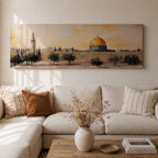 Panoramic painting of the Dome of the Rock in Jerusalem with its iconic golden dome rising above surrounding mosque structures, arches, and a tall minaret. The composition stretches horizontally with textured brushwork in warm sand, gold, and earthy tones, depicting the mosque complex and trees in a loose impressionistic architectural landscape style.