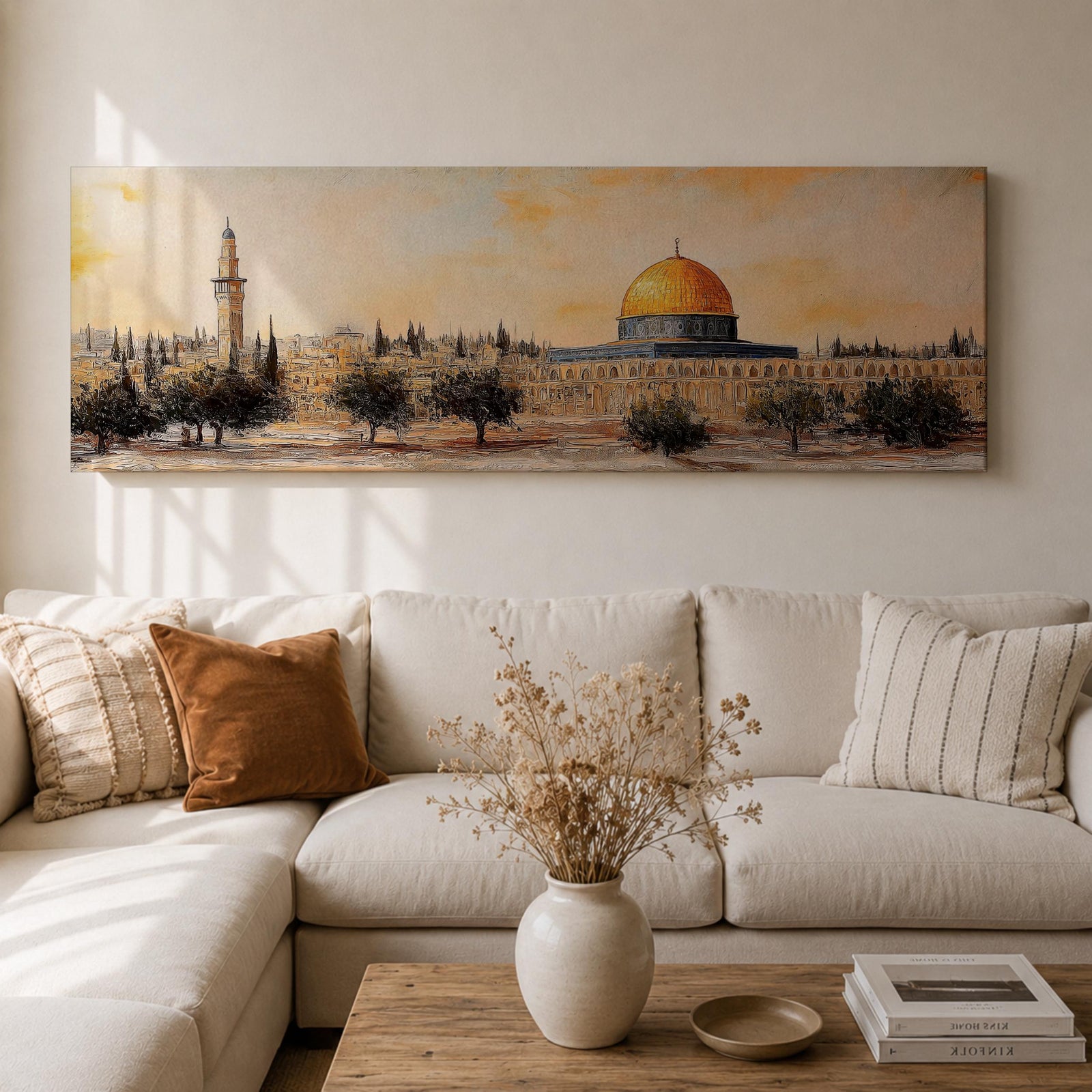Panoramic painting of the Dome of the Rock in Jerusalem with its iconic golden dome rising above surrounding mosque structures, arches, and a tall minaret. The composition stretches horizontally with textured brushwork in warm sand, gold, and earthy tones, depicting the mosque complex and trees in a loose impressionistic architectural landscape style.
