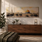 Panoramic painting of the Dome of the Rock in Jerusalem with its iconic golden dome rising above surrounding mosque structures, arches, and a tall minaret. The composition stretches horizontally with textured brushwork in warm sand, gold, and earthy tones, depicting the mosque complex and trees in a loose impressionistic architectural landscape style.