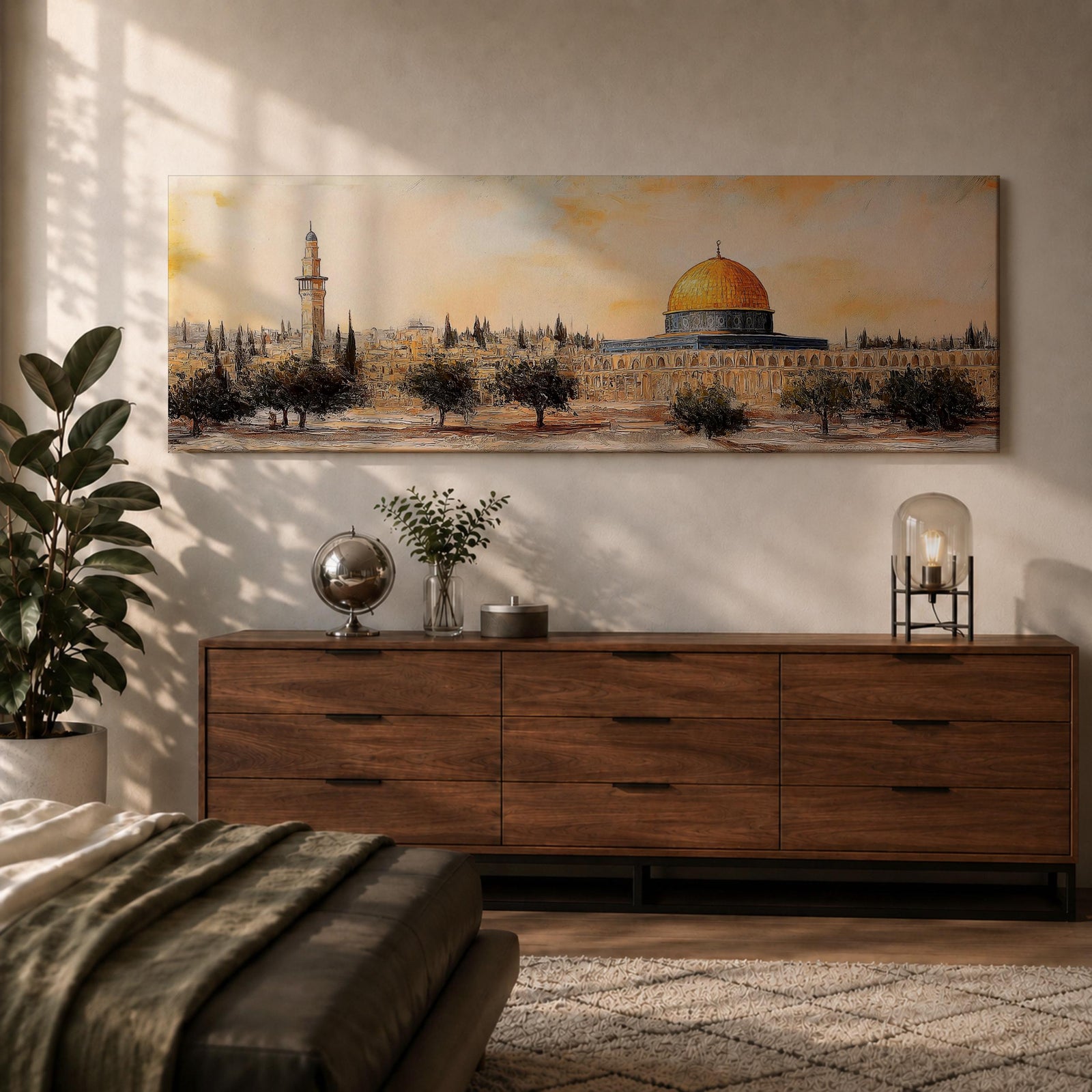 Panoramic painting of the Dome of the Rock in Jerusalem with its iconic golden dome rising above surrounding mosque structures, arches, and a tall minaret. The composition stretches horizontally with textured brushwork in warm sand, gold, and earthy tones, depicting the mosque complex and trees in a loose impressionistic architectural landscape style.