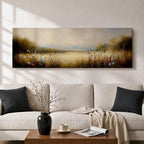 Panoramic meadow landscape painting showing soft golden grasses and delicate wildflowers across an open countryside field with distant trees and a glowing sky creating a peaceful prairie scene.