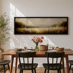 Panoramic meadow landscape painting showing soft golden grasses and delicate wildflowers across an open countryside field with distant trees and a glowing sky creating a peaceful prairie scene.