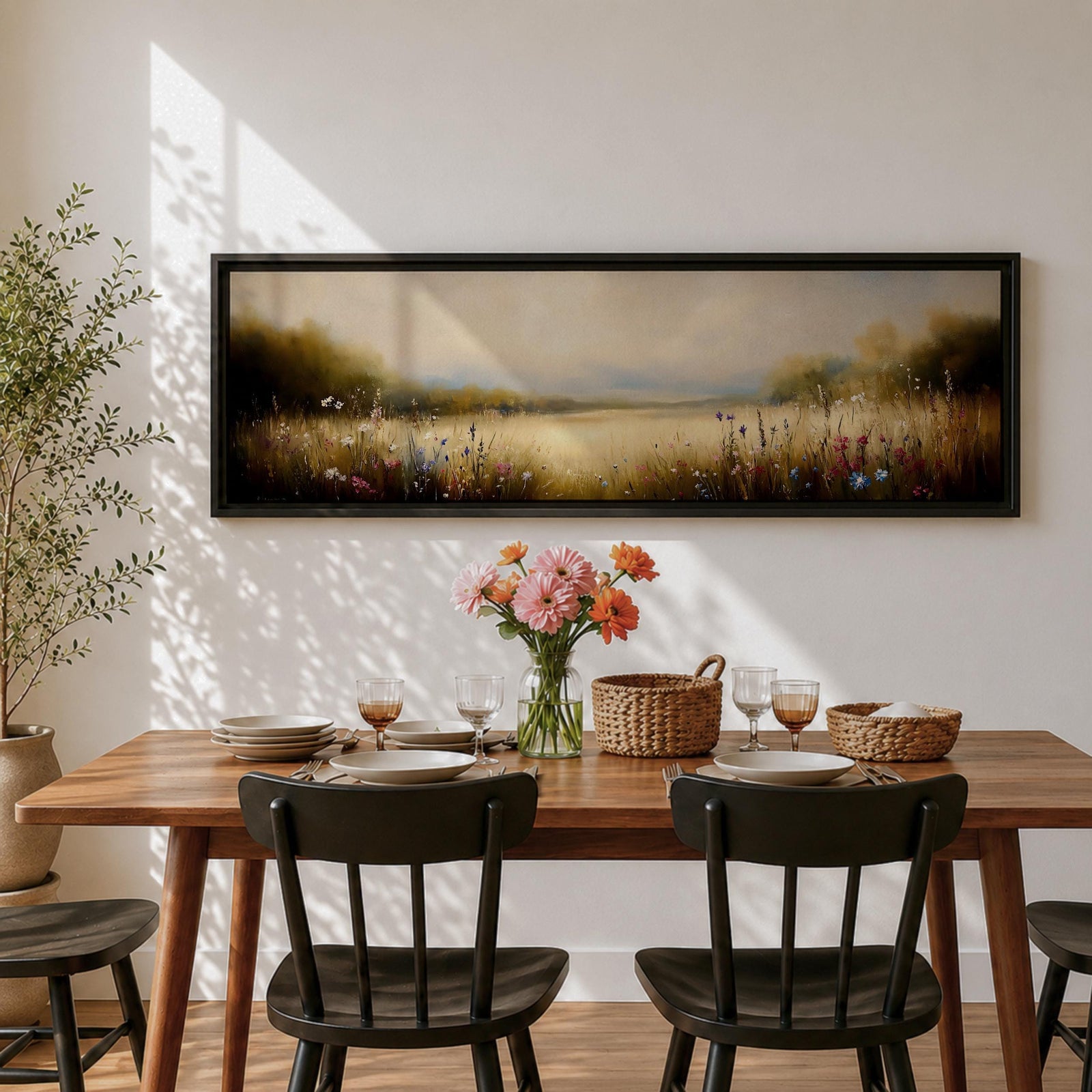 Panoramic meadow landscape painting showing soft golden grasses and delicate wildflowers across an open countryside field with distant trees and a glowing sky creating a peaceful prairie scene.