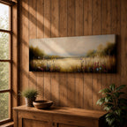Panoramic meadow landscape painting showing soft golden grasses and delicate wildflowers across an open countryside field with distant trees and a glowing sky creating a peaceful prairie scene.