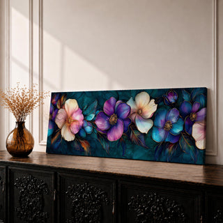 Panoramic teal floral wall art featuring large decorative botanical flowers in purple pink and ivory tones on a deep teal background creating an elegant modern floral composition.