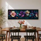 Panoramic teal floral wall art featuring large decorative botanical flowers in purple pink and ivory tones on a deep teal background creating an elegant modern floral composition.